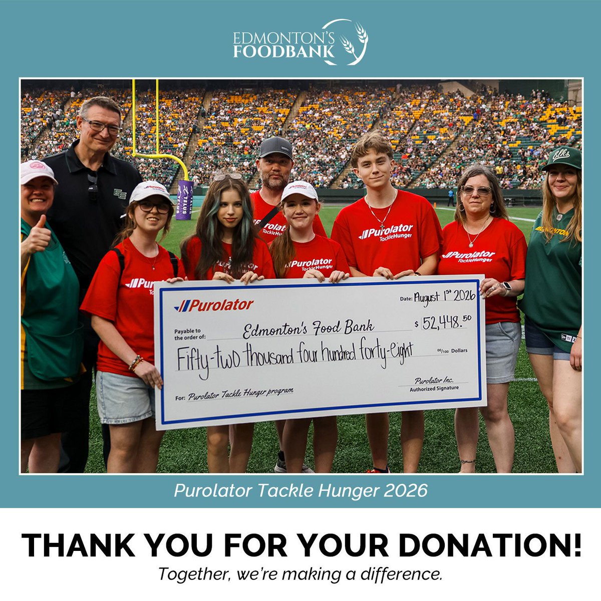 yegfoodbank's tweet photo. Purolator Tackle Hunger® raised a whopping 2418 kg of food this year! Thank you to all those that came out and donated. Until next year! 🤗

#yeg #edmonton #feedyeg #yegfoodbank #purolatortacklehunger #tacklehunger #edmontonelks #football #fooddrive #fundraiser https://t.co/XWFyvplBDr