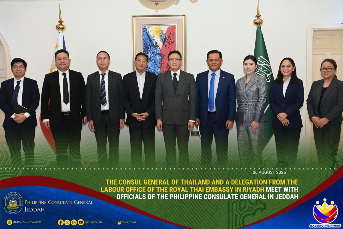 PHinJeddah's tweet photo. Consul General Rommel Romato welcomed the Consul General of Thailand and the Thailand Labour Office delegation to discuss labor welfare, share best practices, and strengthen cooperation for the benefit of migrant workers in Saudi Arabia. 🇵🇭🇹🇭

# PHinjeddah https://t.co/e5THjGPuUD