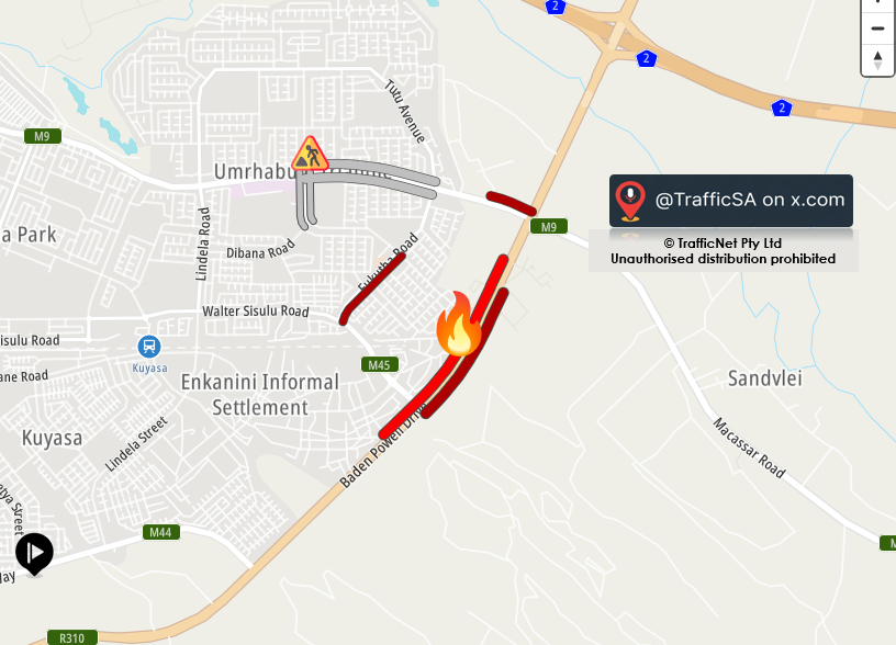 TrafficSA's tweet photo. Cape Town - #ALERT Baden Powell Drive: #Protesting 
Burning Tyres at Khayelitsha https://t.co/BJChwZmuwK