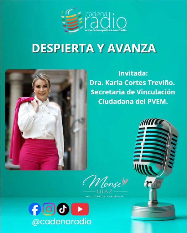 CadenaRadioMx's tweet photo. Este jueves 6 de agosto de 2026 a las 18:00 horas, no te pierdas el programa Despierta y Avanza, conducido por Monserrat Díaz. Tendrá como invitada a la Dra. Karla Cortes Treviño, Secretaria de Vinculación Ciudadana https://t.co/fpvgsKQ7ai