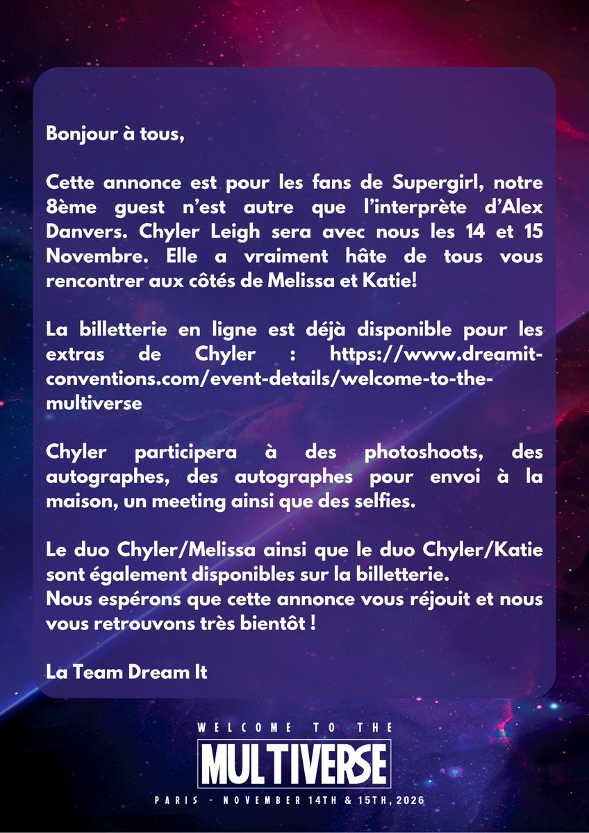 DreamitCon's tweet photo. #WTTM Our 8th guest is none other than Chyler Leigh, best known as Alex Danvers on Supergirl. Chyler will be with us on Saturday & Sunday to meet you all! / Notre 8ème guest est Chyler Leigh, connue pour son rôle d'Alex Danvers dans Supergirl. Chyler sera présente avec nous le samedi et le dimanche pour vous rencontrer!

https://t.co/XdqSHx6RYA
