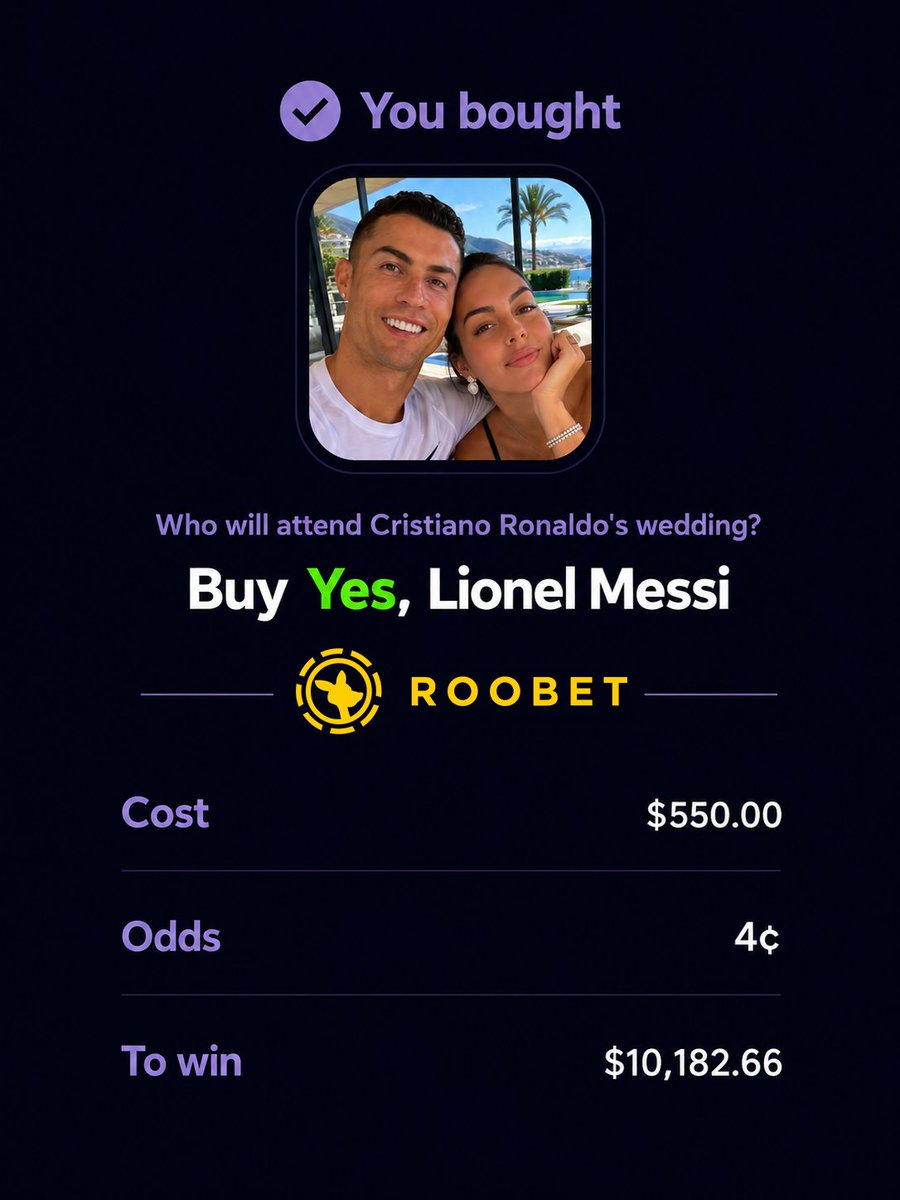 Roobet's tweet photo. Would you bet on Messi attending Ronaldo's wedding? 

One Roobet trader just put $550 on it for a shot at $10,182.66 https://t.co/iMUL5GzMT8