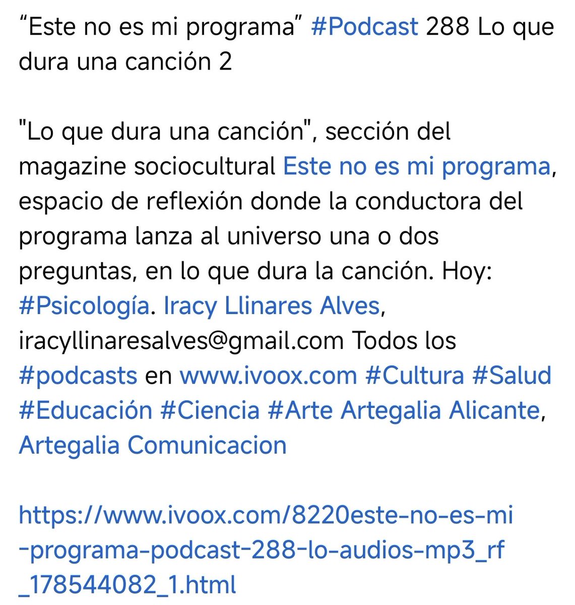 estenoesmipro's tweet photo. #Podcast 288 "Lo que dura una canción" 2. Sección del magazine sociocultural, en lo que dura la canción. Hoy: #Psicología. Iracy Llinares Alves @iracypsicologia
@iracyalicante #podcasts #ivoox #radio #Alicante  https://t.co/I81nBssu9k https://t.co/onqrKBeUte