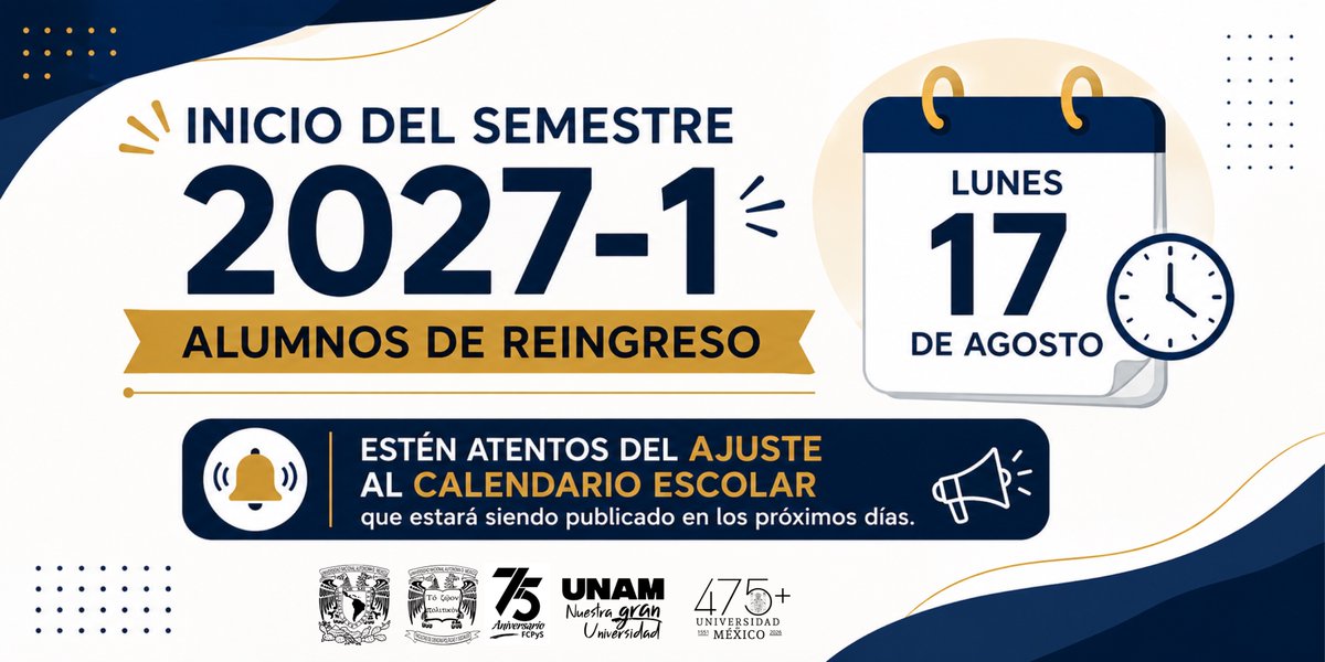 UNAM_FCPyS's tweet photo. El 17 de agosto inicia el semestre 2027-1 para las y los estudiantes de reingreso.
📲 Recuerda seguir nuestras redes sociales para conocer el ajuste al calendario escolar y toda la información importante para este inicio de semestre.
¡Te esperamos en #TuNuevaFCPyS! ✨ https://t.co/3870uCrLYM