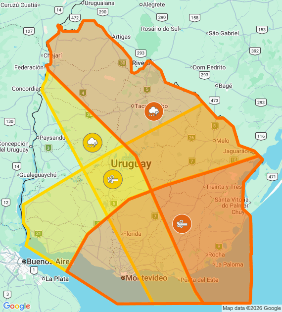 Inumet_'s tweet photo. -Advertencia naranja por Tormentas fuertes y puntualmente severas
     Actualiza: 18:30
-Advertencia naranja por Vientos muy fuertes y persistentes
     Actualiza: 06:00
-Advertencia amarilla por Tormentas puntualmente fuertes y lluvias abundantes
     Actualiza: 18:30
-Advertencia amarilla por Vientos fuertes y persistentes
     Actualiza: 06:00

Más info: https://t.co/VtI53uq5M4