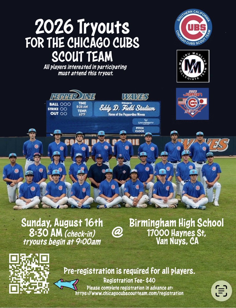 SOCALCUBSBB's tweet photo. TRYOUTS for the Chicago Cubs Scout Team - August 16th. 8:30am check in . Birmingham HS. pre register https://t.co/e1O1g7Kitw https://t.co/ppVQBHCP94