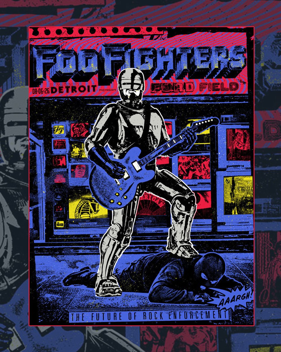 foofighters's tweet photo. DETROIT ROCK CITY TONIGHT!!!
@fordfield 🎟️ https://t.co/UaLK2gTh1J

4:00pm  Doors Open
5:30pm  Mannequin Pussy
6:30pm  @qotsa 
8:00pm  #FooFighters 

The merch stand is now open outside of Gate B, at the corner of Brush and Montcalm. 
2000 Brush St.
Detroit, MI. 48226

Poster art by Christopher Everhart / Silent Giants
#FF2026
