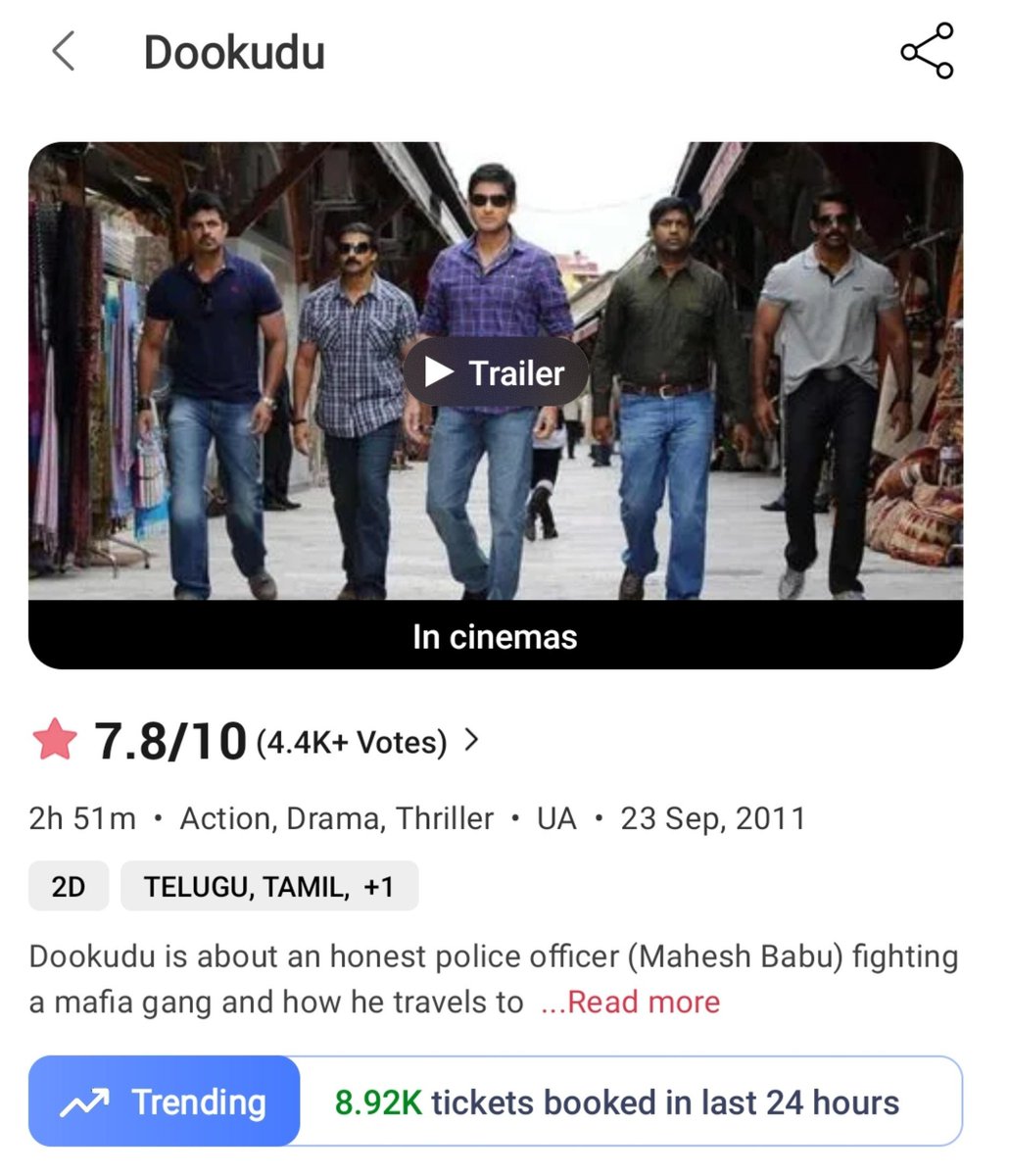 BNDBugle's tweet photo. #Dookudu ❤️‍🔥
🎟️ 8.92K+ tickets booked in the last 24 hours! 🔥

A timeless blockbuster. 💥
#MaheshBabu https://t.co/Wz6Cvd5iPQ