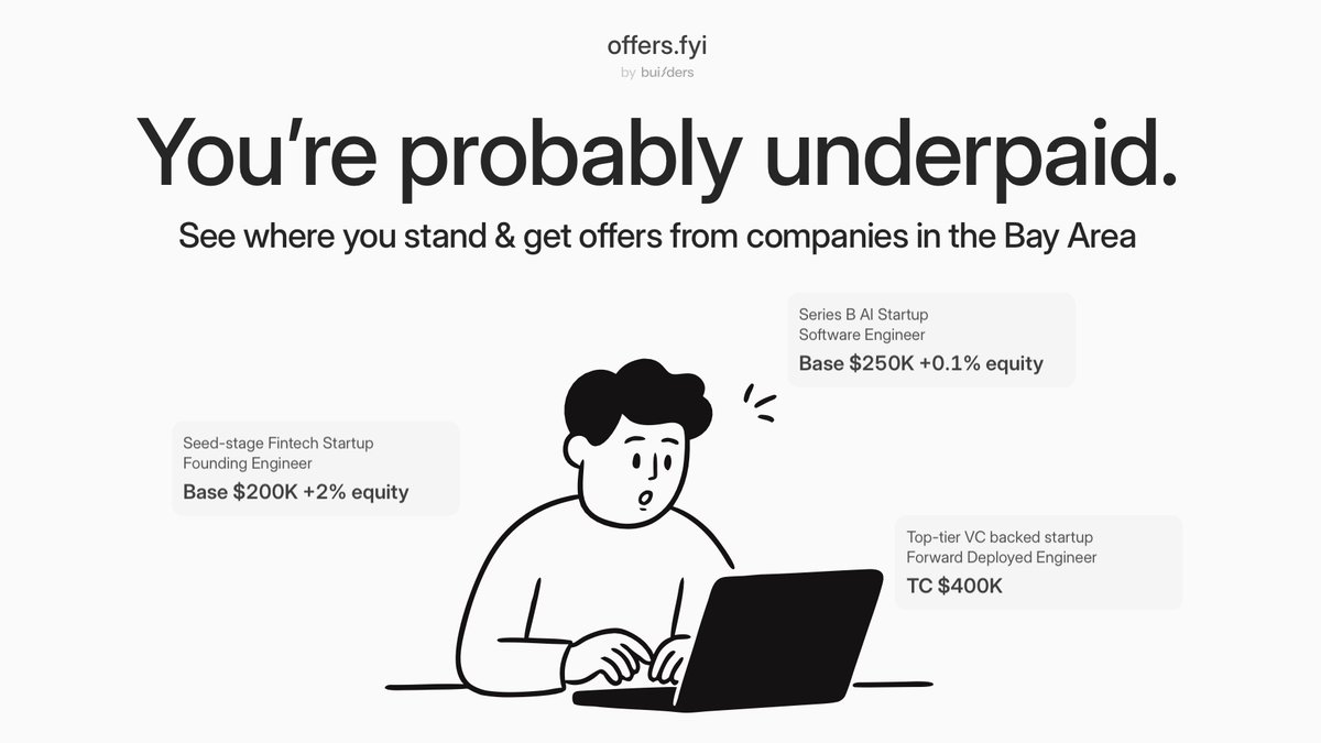 builderscv's tweet photo. It’s hard to know how much you should be paid at a startup.

Startup pay is hard to benchmark.

So we built https://t.co/5l6TWJMTXD.

Connect your LinkedIn + GitHub to see how you compare with similar engineers.

Set the number you’d leave for, then see which startups reach out. https://t.co/vbSffKjXvU