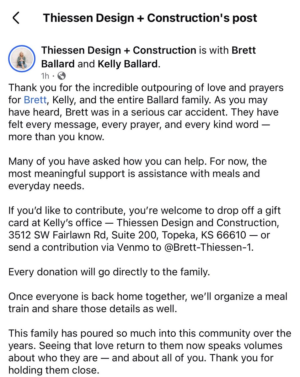 BHanni's tweet photo. Keep those prayers coming for our dear friend and beloved Jayhawk & Ichabod, @CoachBBallard. 

His wife Kelly’s coworkers put this out today for other ways we can help as well.

Brett is one of best people you’ll ever meet. Let’s rally around him and his wonderful family. God bless Brett & the whole Ballard fam. Love you, brother! 💙🙏❤️

#BallardStrong