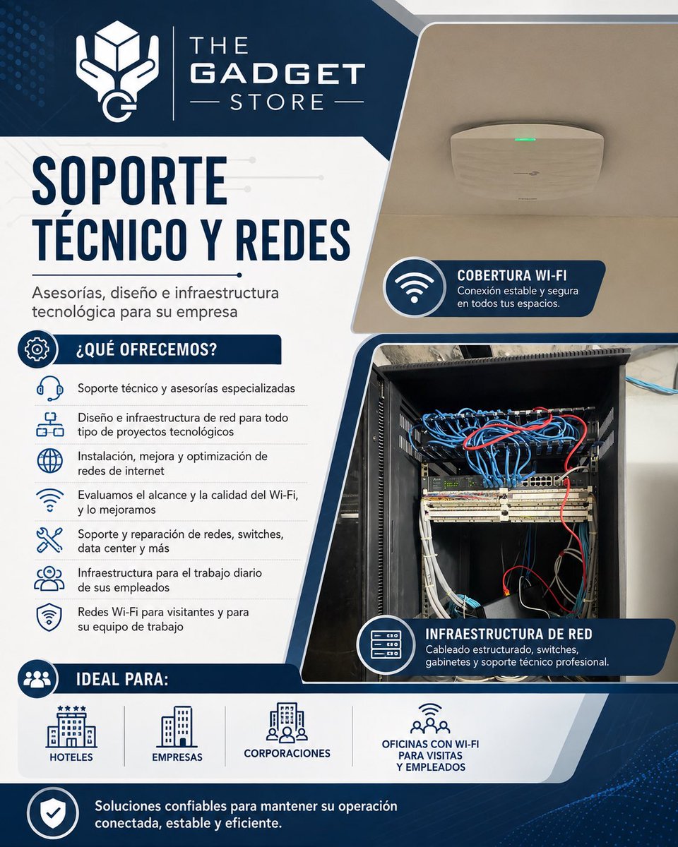 panamagadget's tweet photo. ¿Tu empresa tiene Wi-Fi lento, señal débil o problemas de red? 📶

En The Gadget Store diseñamos, instalamos y optimizamos redes empresariales. También brindamos soporte para switches, cableado, gabinetes, data center y redes para empleados o visitantes.

📩 Contáctanos. https://t.co/bhWaclGExg