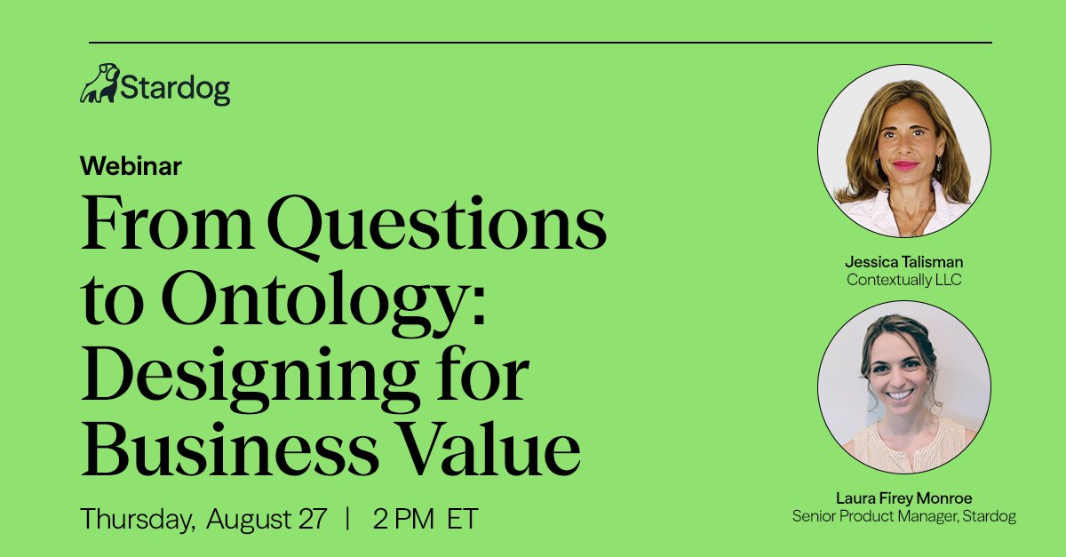 StardogHQ's tweet photo. Great ontologies start with the business questions they need to answer.

Join Jessica Talisman and Laura Firey Monroe on Aug. 27 at 2 PM ET for a practical session on competency questions and ontology design.

Register today: https://t.co/cZRvZDGvMm

#Ontology #KnowledgeGraph https://t.co/gJG7YudoY4
