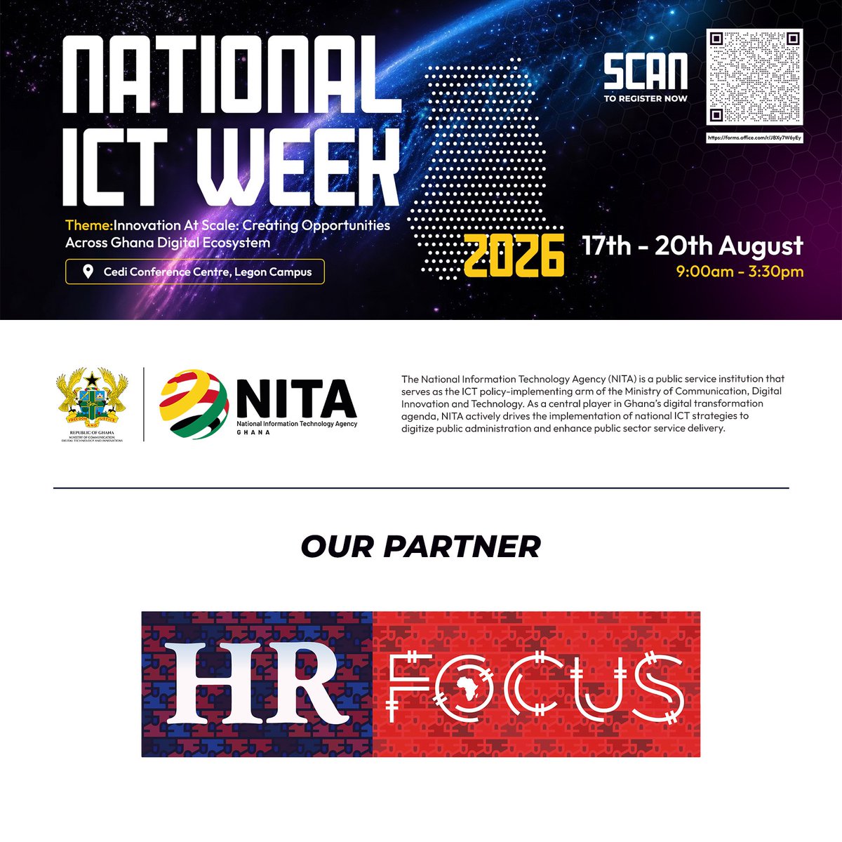 NITAGhana's tweet photo. We are excited to announce @HRFocusU as one of partners for the National ICT Week 2026.

🎟️ Register now and be part of the experience:
👉 https://t.co/GHHOX68Jk1

We can't wait to see you!

#NationalICTWeek2026 #ICTWeek2026 #WeAreNITA #NITAGhana #DigitalGhana #InnovationAtScale https://t.co/E96laqRDo6
