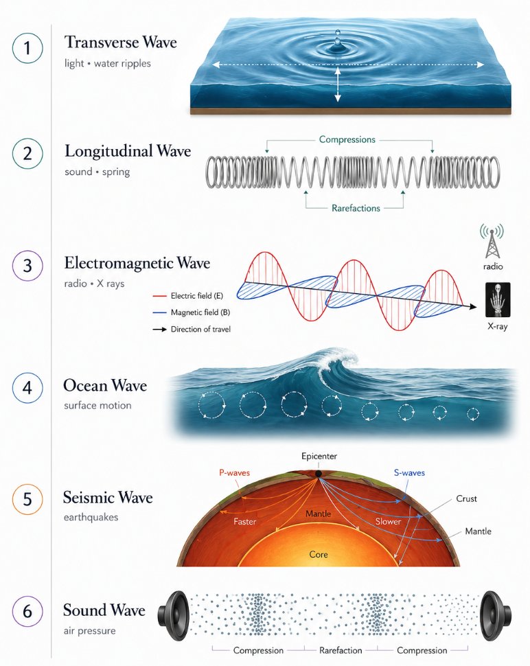 LensScientific's tweet photo. Types of Waves

The boundaries between wave types are less rigid than they first appear. Ocean waves combine transverse motion with circular particle trajectories, seismic waves exist in several distinct modes, and electromagnetic waves require no material medium at all.

The mathematics that unites them is often more fundamental than the physical systems that produce them. Physicists frequently recognize a familiar wave equation long before they recognize the phenomenon itself.
