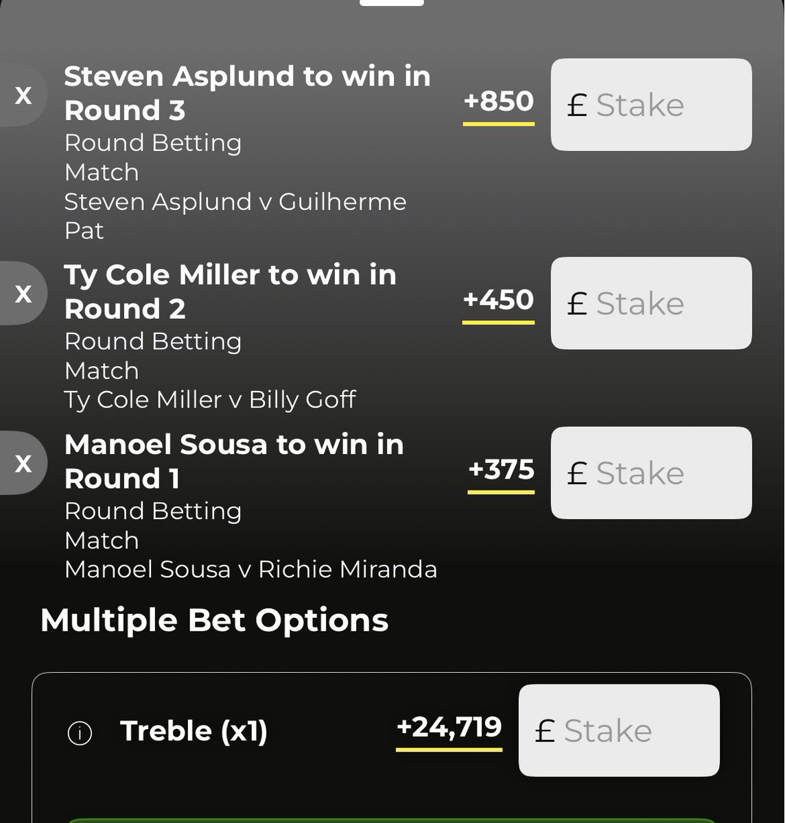 RackettMMA's tweet photo. @DylanBetss Struggled with a first rounder but this is my 1-2-3 parlay for a bit of fun😛 https://t.co/2ECM8jJZmH