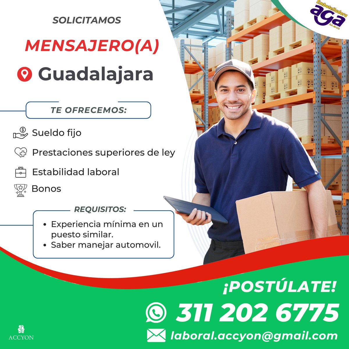 Accyonconsul's tweet photo. Embotelladora AGA solicita 𝗠𝗘𝗡𝗦𝗔𝗝𝗘𝗥𝗢(𝗔) en 𝗚𝗨𝗔𝗗𝗔𝗟𝗔𝗝𝗔𝗥𝗔
Necesario saber manejar automóvil.
Postúlate al 𝟯𝟭𝟭 𝟮𝟬𝟮 𝟲𝟳𝟳𝟱

#Zapopan #VacantesDisponibles #zapopanjalisco https://t.co/ZeGJSGONlt
