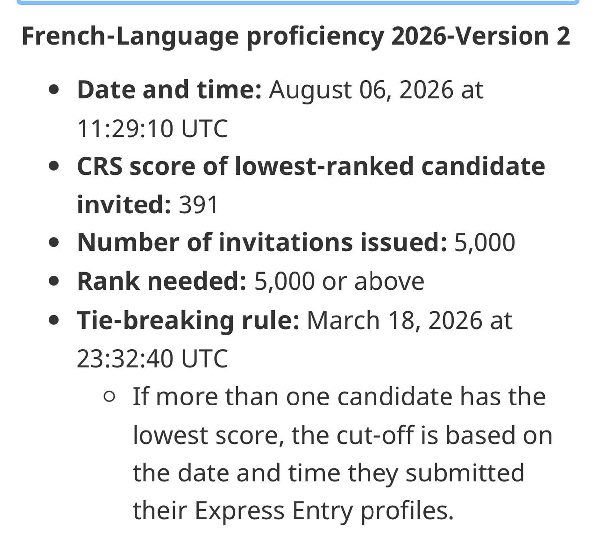ParunUpneja's tweet photo. 🇨🇦 Express Entry French-Language Draw (V2) — Aug 6, 2026

CRS cutoff: 391
ITAs issued: 5,000
Tie-break: Mar 18, 2026, 23:32:40 UTC

Got invited? Don’t leave your application to chance.

📩 Info@northpace.ca | 778-878-4511

#ExpressEntry #CanadaImmigration #IRCC https://t.co/CmZtBTvsMS