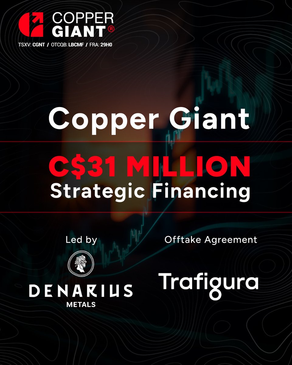 Cu_Giant's tweet photo. NEWS — August 6, 2026 — Copper Giant Announces C$31 Million Strategic Financing Led by Denarius Metals and Long-Term Offtake Agreement with Trafigura

The financing and long-term offtake agreement represent another important milestone as Copper Giant advances the Mocoa Project toward its planned Preliminary Economic Assessment (PEA), strengthening both the Company's financial position and long-term commercial strategy.

Read the full news release: https://t.co/zWPOx2EFX0

$CGNT.V $LBCMF
Rise With Copper
