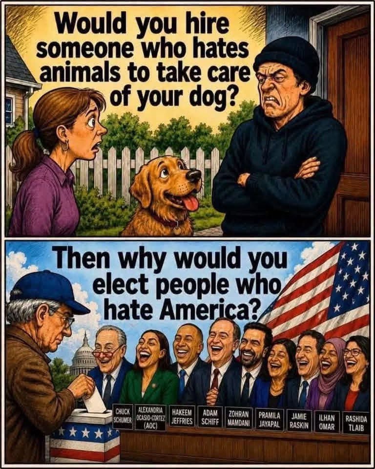 nettermike's tweet photo. 🤔 Why Elect Leaders Who Refuse to Stand for America?

​You wouldn’t hire a pet sitter who hates animals. So why entrust the nation to politicians who refuse to express basic pride in it?

​Bill Maher highlighted this exact issue, pointing to a simple pledge introduced in Congress:

​"We are capitalists, not socialists. We want safety, not lawlessness. We are proud, not ashamed of America."

​Out of 212 House Democrats, only 8 signed it!

​When 96% of a party's leaders refuse to endorse public safety, free enterprise, and basic love for their own country, it isn't just a policy disagreement—it's a failure of representation. America offers unprecedented freedom and opportunity. It deserves leaders who actually appreciate what makes it great.

God Bless America 🇺🇸 

Agree? Repost!