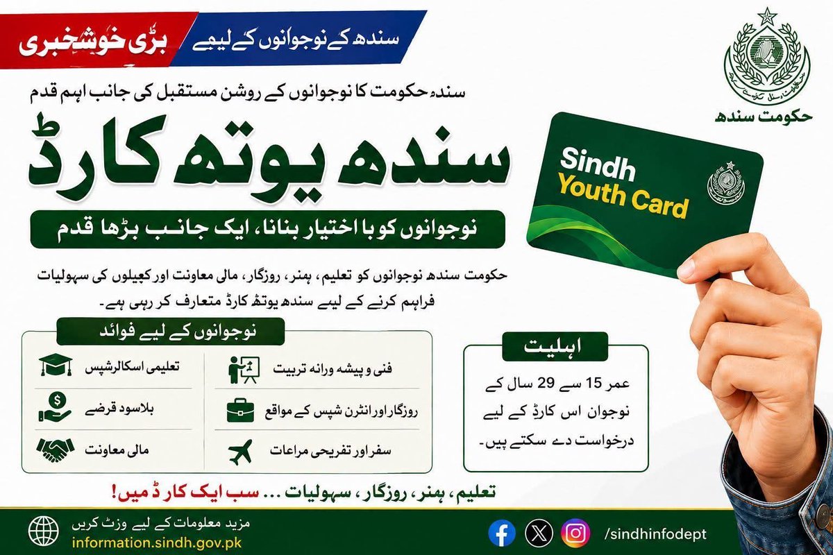 arifkori110's tweet photo. سندھ کے نوجوانوں کے لیے بڑی خوشخبری 
پ پ پ کی عوامی خدمت اور نوجوان دوست پالیسیوں کے تحت سندھ حکومت کی جانب سے سندھ یوتھ کارڈ نوجوانوں کے روشن مستقبل کی جانب ایک اہم قدم ہے
تعلیم اور اسکالرشپس
روزگار اور انٹرن شپ کے مواقع
سندھ کا نوجوان، سندھ کا مستقبل ہے۔
@BBhuttoZardari https://t.co/b7XAq4FJXS