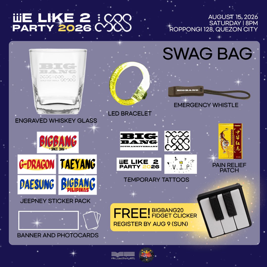 BIGBANGFILO's tweet photo. SWAG CHECK! 😎

Take a peek at our freebies kit 🤩
❣️Register before August 9 to get a FREE BIGBANG20 FIDGET CLICKER 🎹

Only a few days left! 🔗https://t.co/GZH9BWKj6v

#BIGBANG #WELIKE2PARTYMNL2026