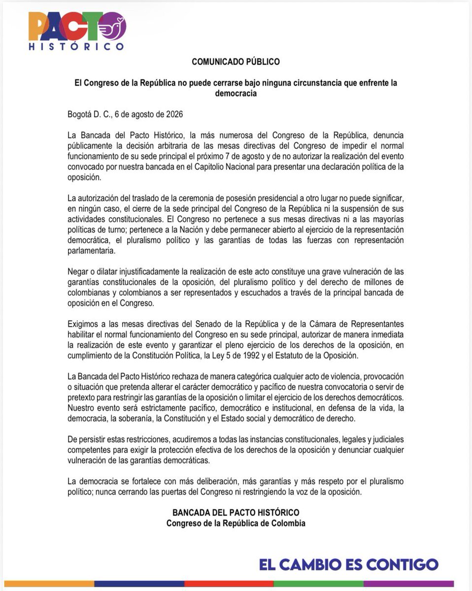 ISAZULETA's tweet photo. En el Pacto Histórico somos claros: el Congreso de la República no puede cerrarse bajo ninguna circunstancia que enfrente la democracia.
Han decidido que mañana la sede del Congreso no estará disponible para la demoracia, es decir, la deliberación y la oposición.
Exigimos garantias @SenadoGovCo