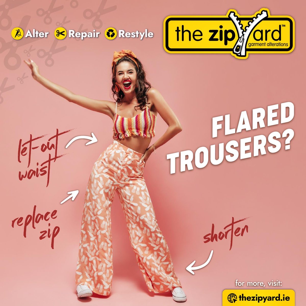 TheZipYard_IRL's tweet photo. Love flares, but need them altered? 👖✨
Whether it's letting out the waist, replacing a broken zip, or taking up the hem, we’ll make sure your favourite trousers fit effortlessly.
#thezipyard #trouseralterations #flaredtrousers #clothingalterations #perfectfit https://t.co/P9J2kcgL7P