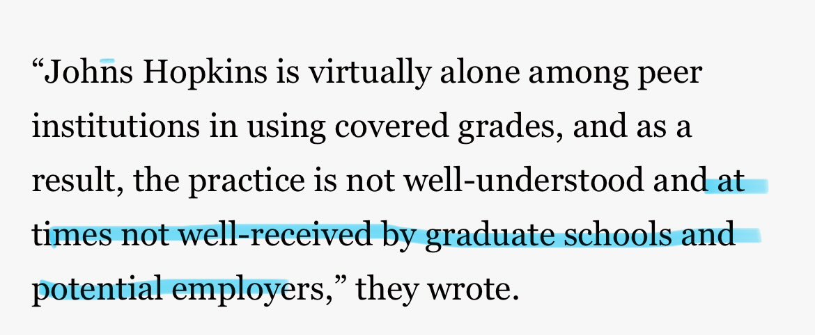 neetu_arnold's tweet photo. For all those who see “covering grades” on transcripts as helping first-year students:

In 2016, Johns Hopkins reversed its 40+-year policy bc it did more harm than good

- Delayed students from adapting to college-level work

-Could place students at a disadvantage when applying to grad school/jobs