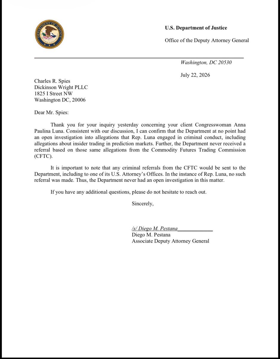 j_fishback's tweet photo. On July 21st, 2026, NBC News reported that Republican Florida Congressman Cory Mills was under criminal investigation by the Department of Justice.

Like virtually every federal investigation, this one began with a single suspect before expanding to include others.

A government whistleblower who approached my campaign has confirmed that this investigation has expanded to include U.S. Congressman Byron Donalds, who along with Cory Mills, is under investigation for federal sex trafficking.

Federal prosecutors are looking at two dates in question: May 17th, 2024, and November 19th, 2024, dates when Congressmen Mills and Donalds are said to have traveled to the MGM National Harbor—a luxury hotel resort in Oxon Hill, Maryland, where they solicited, procured, and paid women for explicit sexual acts.

In the coming hours, Byron Donalds will call this investigation a “political attack.” It’s not. The Department of Justice, led by a Trump appointee of the same political party as Byron Donalds, is not investigating him for “political reasons.”

They are investigating him because there is credible evidence that he committed a serious crime.

My campaign was approached by a whistleblower who provided details that only someone with direct knowledge of a federal investigation could know.

In fact, this whistleblower informed us that Cory Mills was under federal investigation before it was publicly reported by NBC News on July 21, 2026, as evidenced by this letter (attached) to the DOJ that was sent on July 20, 2026 that detailed the existence of the investigation into Cory Mills and Byron Donalds.

My legal team has spent weeks attempting to independently verify this investigation, and we have done just that.

For example, text messages (attached) sent from Cory Mills himself to a third party confirm that he and Congressman Byron Donalds were both at the MGM Harbor on both of the dates that are now the focus of federal prosecutors.

Before I came here today, I tried every possible avenue to clear and exonerate Congressman Donalds, including reviewing a letter from a former federal prosecutor who asked the Department of Justice to confirm whether “any component of the Department of Justice is currently investigating or has investigated” Byron Donalds.

And they refused to comment.

They refused to do so despite clearing Florida Republican Congresswoman Anna Paulina Luna of any criminal conduct in a letter just two weeks ago.

Let me be crystal clear: Our Constitution entitles Congressmen Mills and Donalds to the presumption of innocence. But while they deserve that presumption, voters deserve transparency.

I specifically gave Congressman Donalds the opportunity to make the fact he is under investigation public. But he chose not to. 

This is the first and last time I will discuss this publicly. My campaign will not run any television ads or mailers detailing any of this because this is not political. It's about transparency for Florida voters.
