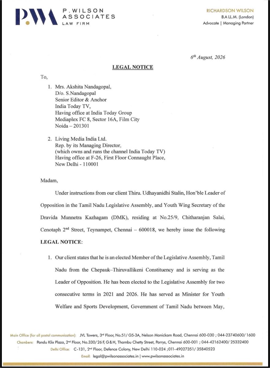 sine_lege's tweet photo. On behalf of Hon. Leader of Opposition Thiru Udhayanidhi Stalin, we have issued legal notices to Thiru Shiv Aroor of NDTV and Tmt Akshita Nandagopal of India Today for orchestrating a smear campaign and manufacturing a controversy by misquoting the Hon. LoP’s speech on the Cauvery water protests at Thanjavur. 

The notice seeks a public apology, removal of the videos / broadcasts containing the defamatory content and damages of ₹100 crores which the LoP says will be donated to the farmers who have suffered losses due to non-release of Cauvery water. 

The noticees have been requested to respond within 48 hours of receipt. 

@Office_of_Udhay