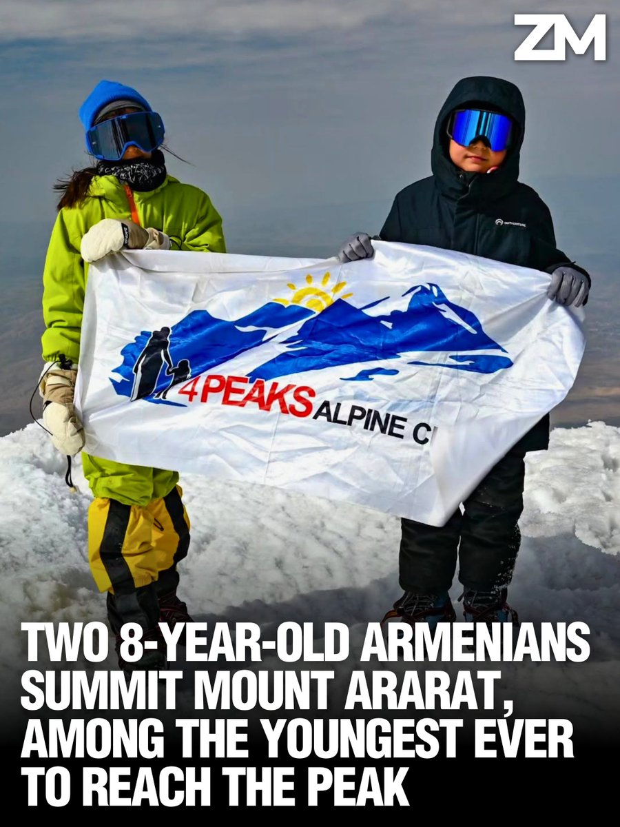 ZartonkMedia's tweet photo. Two 8-Year-Old Armenians Summit Mount Ararat, Among the Youngest Ever to Reach the Peak 🇦🇲
➖➖➖
Two eight-year-old Armenians, Monte Muradyan and Syune Kosakyan, have climbed to the summit of Mount Ararat, among the youngest known climbers to reach the top of the sacred mountain, according to 4 Peaks Alpine Club.

Both members of the 4 Peaks Alpine Club, they reached Ararat's 5,165-meter summit on August 1, the youngest participants in the club's girls' and boys' groups to complete the ascent. The club called it an exceptional achievement for Armenia, and possibly a record in the wider international context as well.

The climb followed months of training under a program built specifically for the ascent. Over that period, the two worked their way through mountain routes across Armenia, building experience and adjusting to altitude. They spent a night on the southern summit of Mount Aragats, Armenia's highest peak, as a final step in acclimatizing to high-elevation conditions.

"Of course, the ascent of Ararat was not without trials," the club said. "The altitude, walking at night, and exhaustion were serious challenges, but they were entirely surmountable thanks to proper organization, the supervision of guides and parents, gradual acclimatization, and the children's exceptional will."

No situations dangerous to the children's health were recorded during the climb.

Mount Ararat, the enduring emblem of the Armenian nation, rises 5,165 meters and sits within present-day Turkish borders as part of the historical Armenian homeland.
