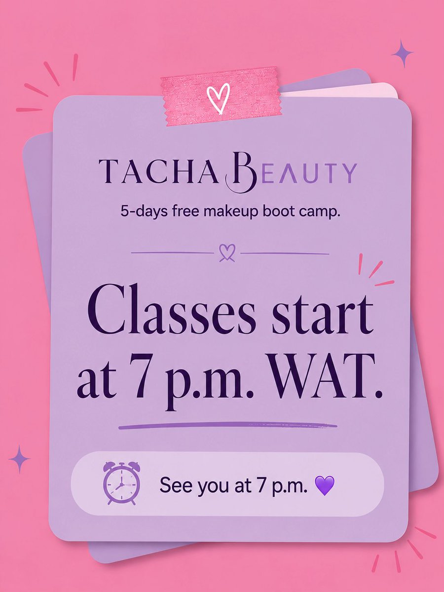 TachaBeautyHQ's tweet photo. Your glow up starts at 7:00 PM WAT!!

Don’t be late. ⏰ 

Swipe to see what you will learn for Day 1 💃

Drop a 💜 in the comments if you are Active.

#tachabeautyhq #makeupbootcamp https://t.co/DOdYbQFYle