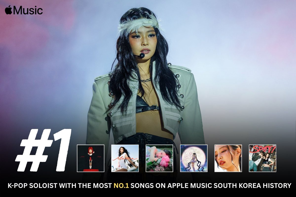 rubyjanecharts's tweet photo. #JENNIE is officially the K-Pop soloist with the most No. 1 songs in Apple Music South Korea history, as “Less than a Lover” becomes her 6th chart-topper. https://t.co/bWPUhEG0Qf