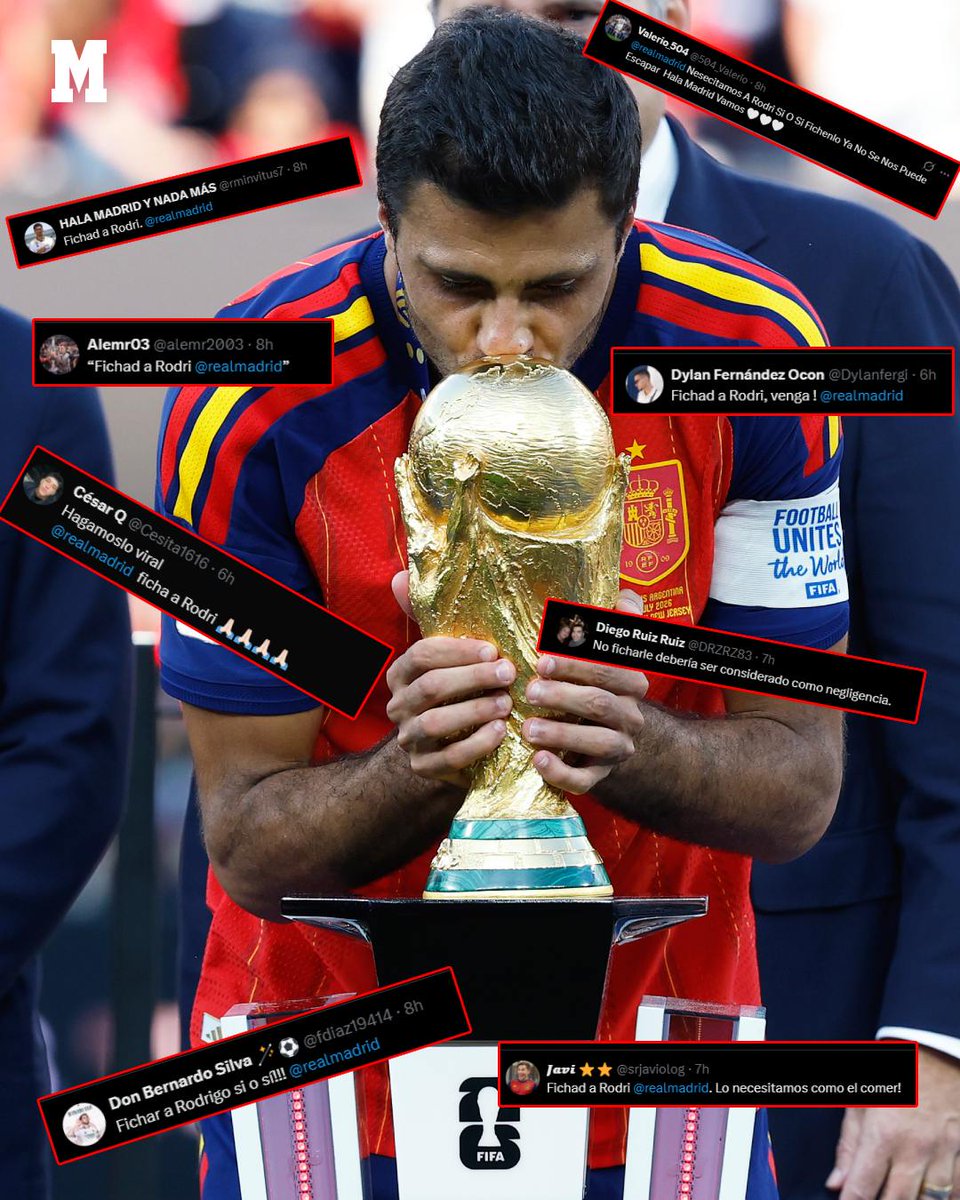 marca's tweet photo. El madridismo quiere a Rodri 😍

Así han reaccionado los merengues en redes sociales ante el posible fichaje del Balón de Oro del Mundial por el Barça 😡

#fichajes #mercado #RealMadrid https://t.co/MpGrlrV2vv