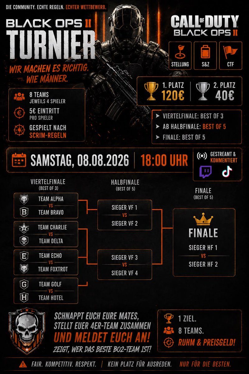 dentox_nr1's tweet photo. Black Ops 2 Allmode Turnier  
Samstag 08.08.2026 Start 18 Uhr ⏰
160€ Pot 💸💸
1. 120€
2. ⁠40€

20 € Entry pro Team 💶
Jedes Match wird gecastet 🔥

Hosted by @tokat7ee  &amp; me https://t.co/ubrnxjMqsg