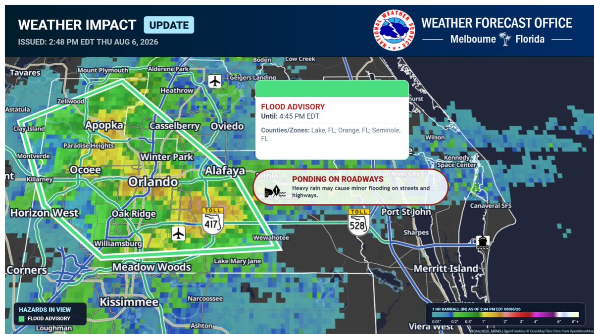 NWSMelbourne's tweet photo. 8/06 at 2:48 PM | A Flood Advisory has been issued for portions of Lake, Orange, &amp; Seminole Counties until 4:45 PM EDT. Between 1 and 3 inches of rain have fallen. Additional rainfall amounts of 1 to 3 inches are expected over the area. https://t.co/XaZ6JKEmOc