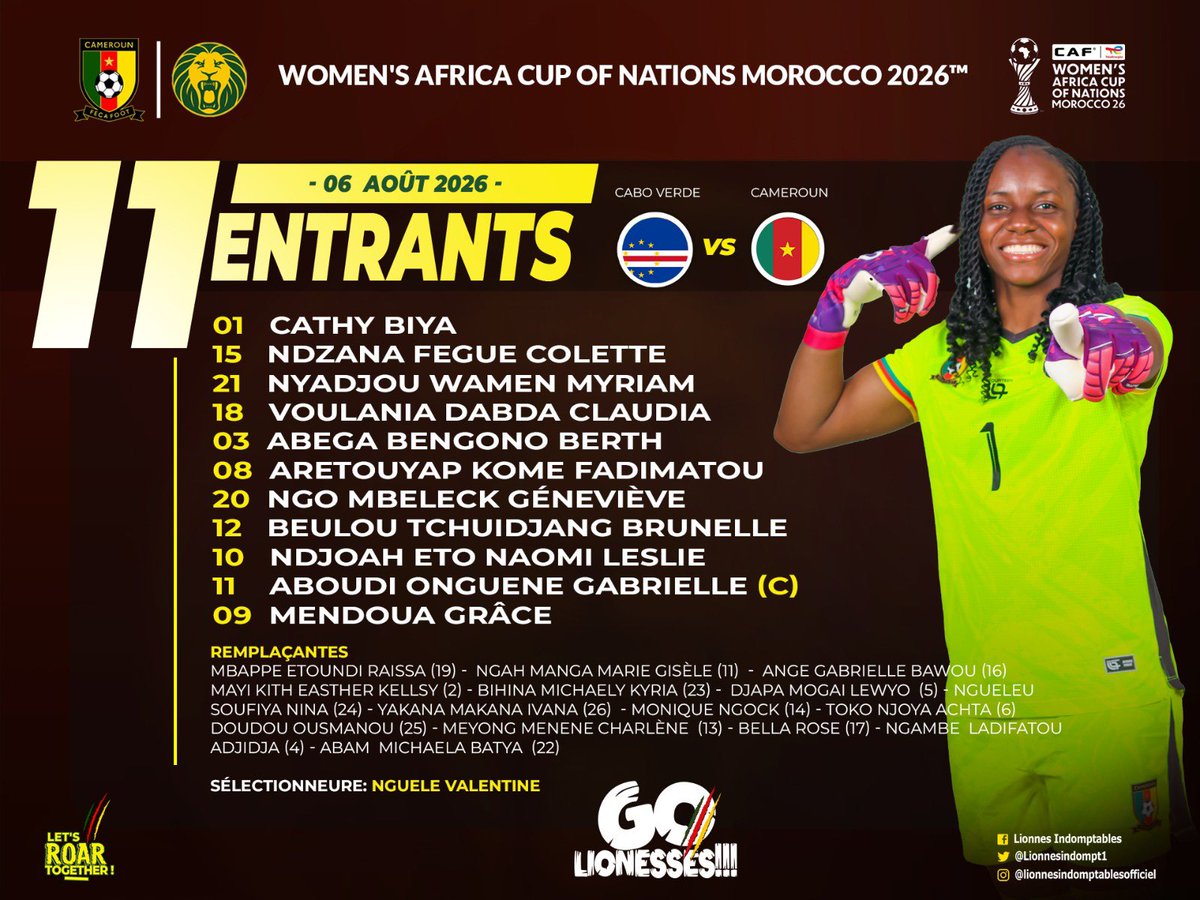 LionnesIndompt1's tweet photo. ⚽️⚽️🔥 #MATCHDAY
Voici les XI #LionnesIndomptables qui commenceront le match.
#CABOVERDE 🇨🇻 🆚 🇨🇲 #CAMEROUN
📆 06/8/2026
⏰ 21H00
🏟️ Stade Larbi Zaouli
📍 Casablanca - Maroc
#WAFCON2026 | #CBVCMR | #GOLIONESS | #ALLEZLESLIONNES | #LETSROARTOGETHER
| #INDOMPTABLES | https://t.co/U71cyWT1L8