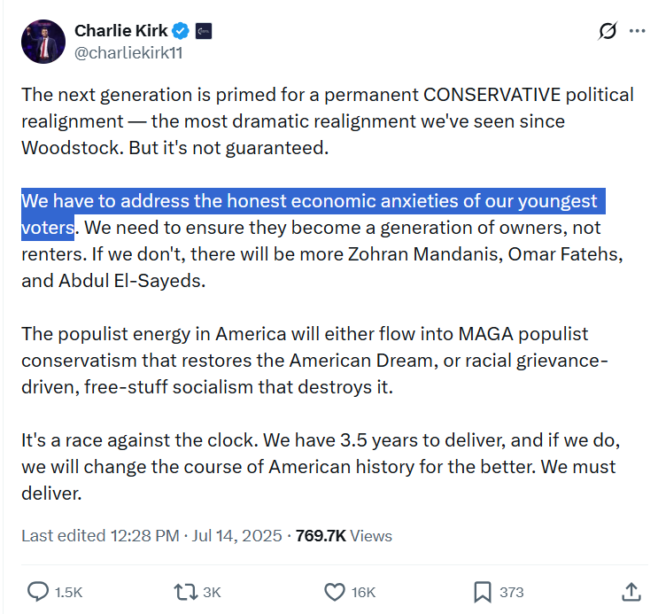 JackPosobiec's tweet photo. "We have to address the honest economic anxieties of our youngest voters" - Charlie Kirk https://t.co/oQvvvzzzJE