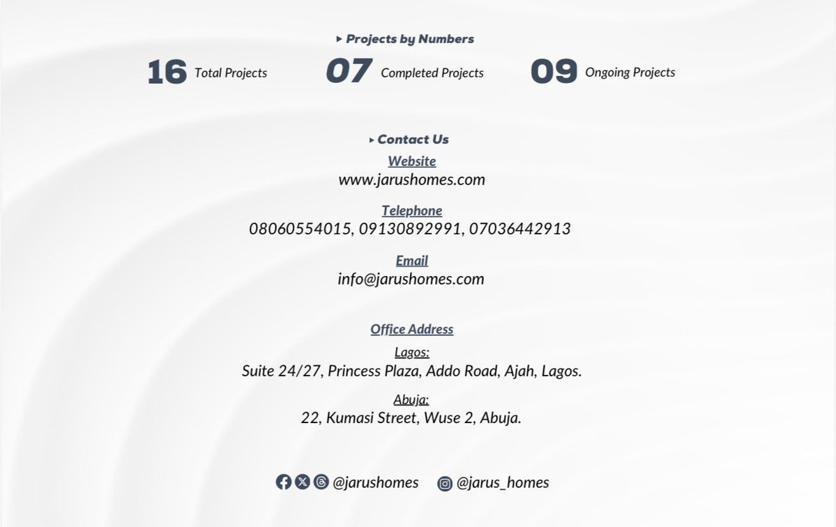 SirJarus's tweet photo. Jarus Homes in 4 Slides

1. Why choose us
2. Completed properties
3. Ongoing projects
4. Ways to contact us https://t.co/Um8XBP1GHi