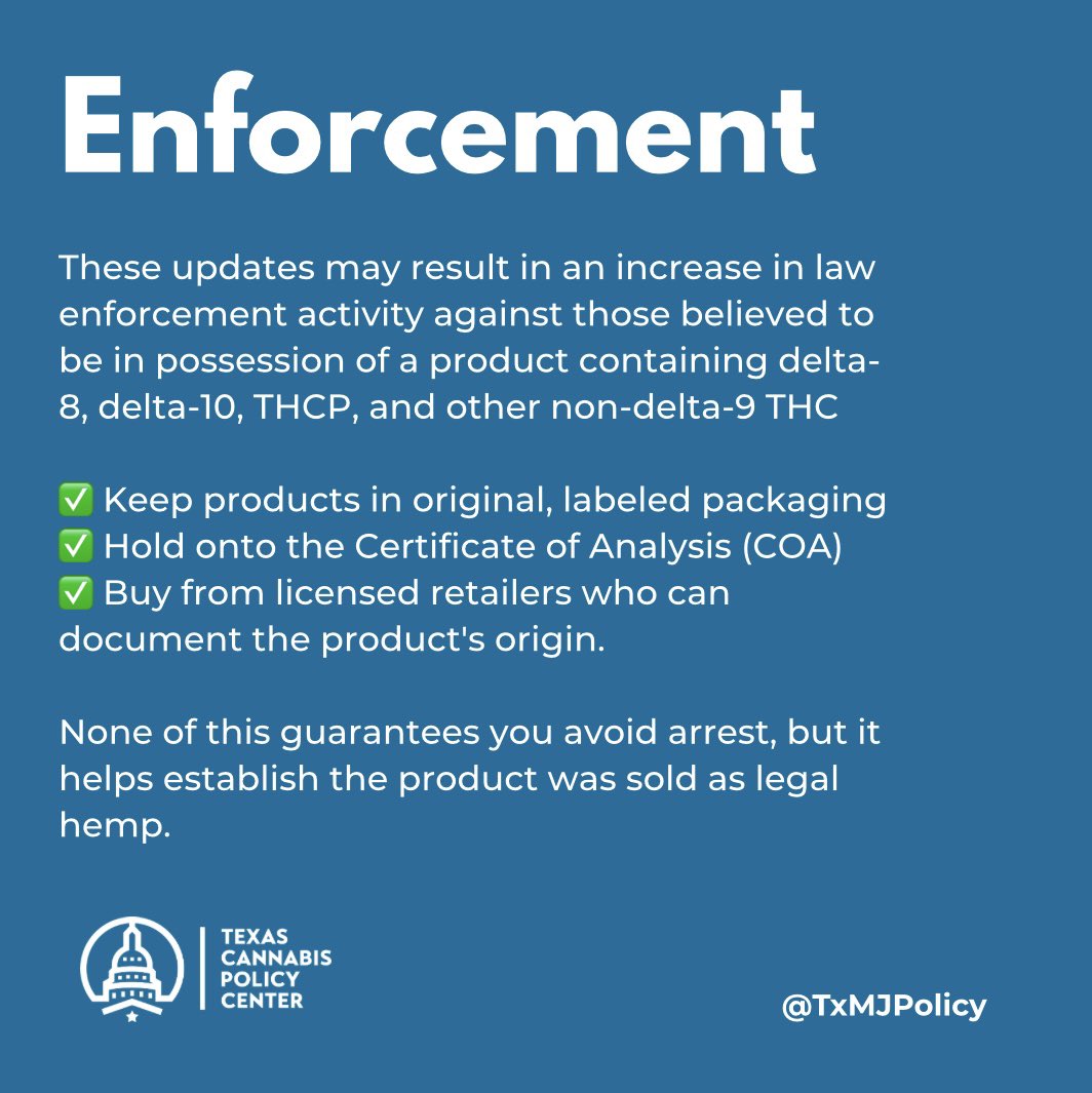 TxMJPolicy's tweet photo. Texas THC rules are changing again this year. Here’s a quick rundown of what went into effect 7/31.
Texas reinstated 2021 rules classifying delta-8, delta-10, THCP, and other
non-delta-9 THC isomers as Schedule One controlled substances. https://t.co/1vqBFVXobp
