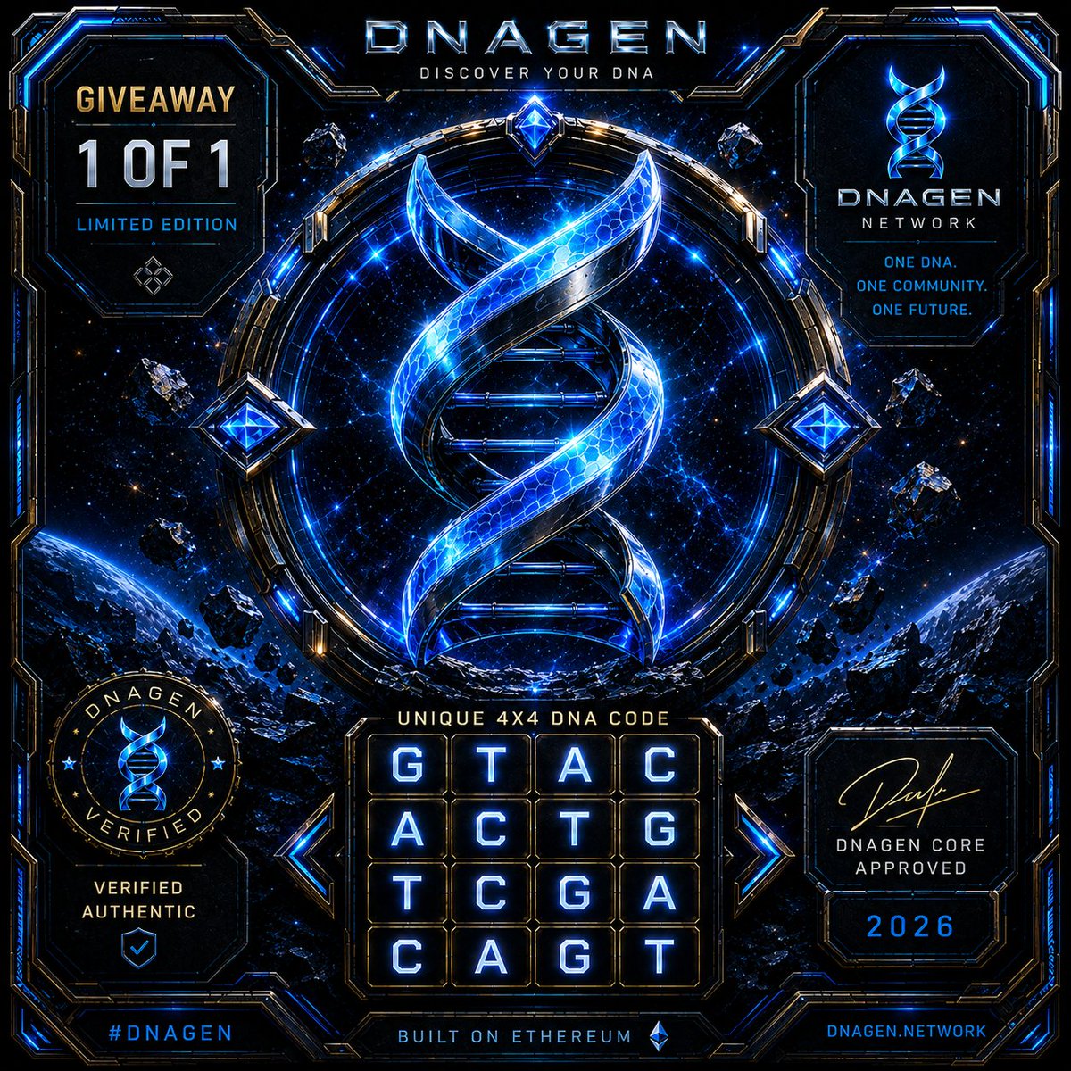 DnaGenCoin's tweet photo. 🧬 The countdown begins...
The first DNAGEN Genesis NFT has arrived.
One NFT. One DNA Code. One future owner.
👀 Giveaway is closer than you think.

Follow, Like &amp; Repost 
for your chance to win.

#DNAGEN #NFT #Ethereum #Web3 #Giveaway https://t.co/iPmRXNY1Mo
