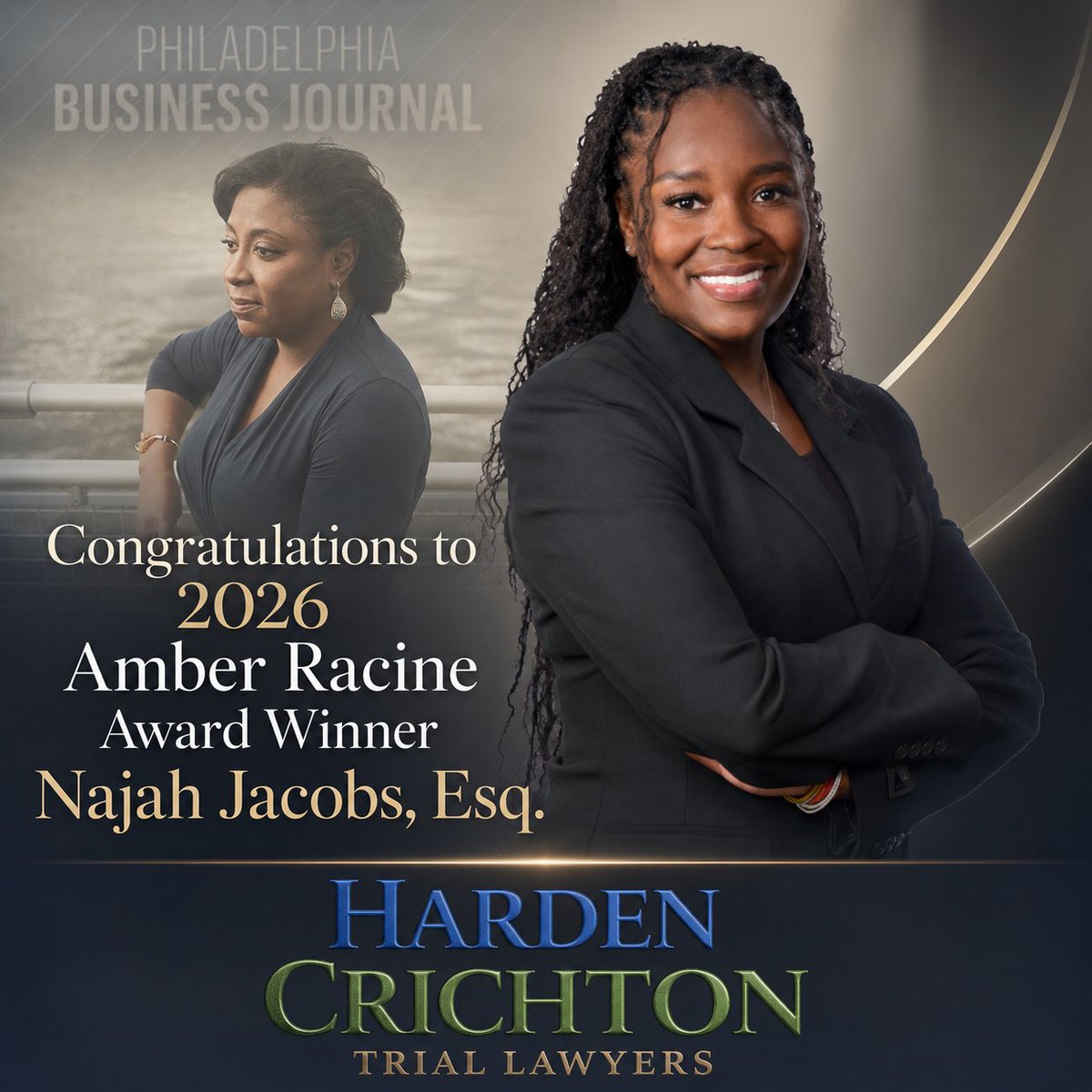 KHJ_Esq's tweet photo. Excited to celebrate Najah Jacobs, Esq., the 2026 @PHLBizJournal Amber Racine Award Recipient! https://t.co/28WMIoCIvr