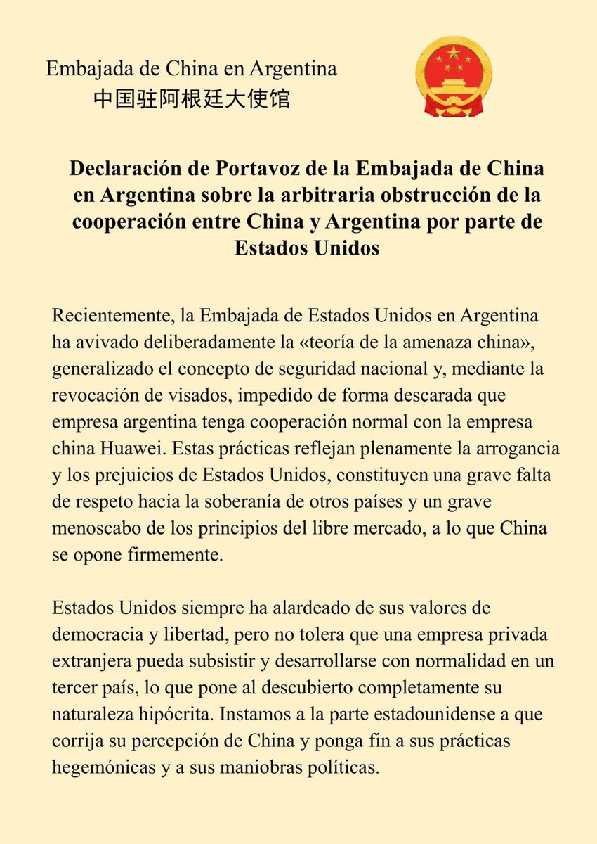 elarchivo's tweet photo. Declaración de la Embajada China en Argentina: https://t.co/ov8tNrwyol