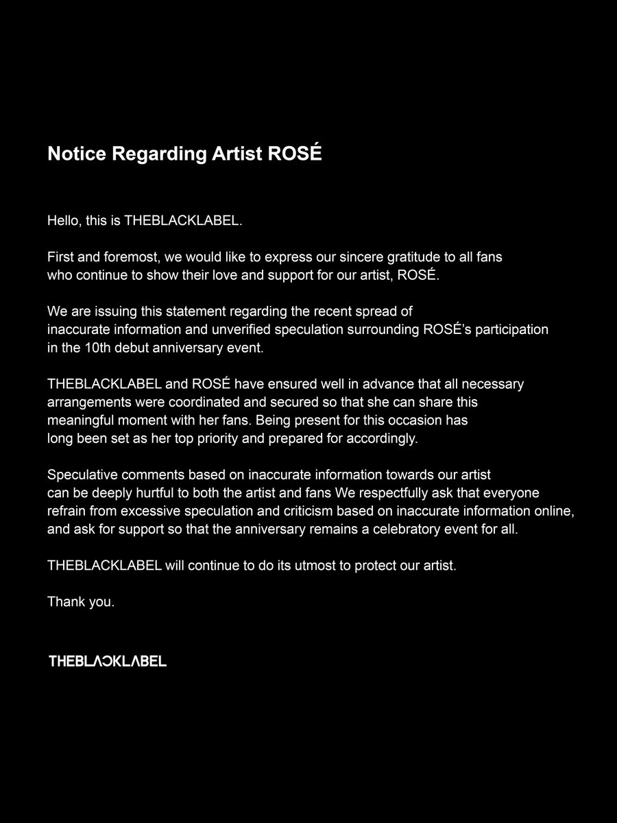 FanBlackpinkfrr's tweet photo. @THEBLACKLABEL a sorti un communiqué confirmant la présence de #ROSÉ au Meet &amp; Greet le 8 Août 2026. Présence préparée depuis longtemps.

L'agence met également en garde sur les fausses informations qui peuvent circuler en ligne et qui font du mal à l'artiste et aux fans. https://t.co/YMvNy4AeRL