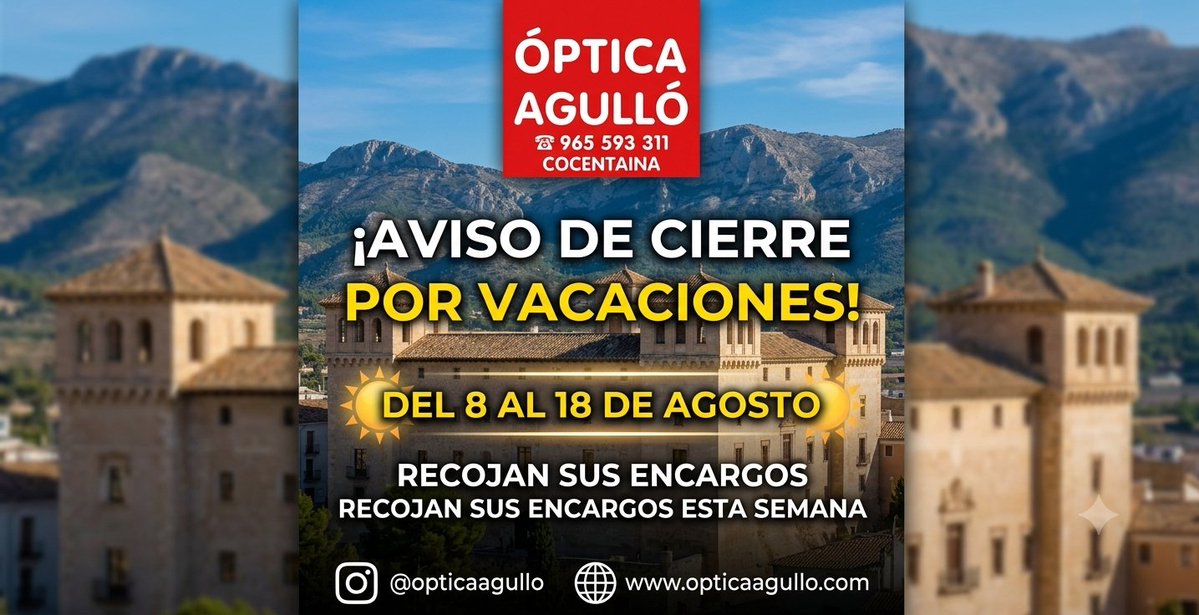 OpticaAgullo's tweet photo. 🏖️ AVISO DE VACACIONES - ÓPTICA Y CENTRO AUDITIVO AGULLÓ

Informamos a nuestros clientes que permaneceremos cerrados por vacaciones del 8 al 18 de agosto.

📦 ¡IMPORTANTE! Por favor, pasad a recoger vuestros encargos (gafas, lentes de contacto, audífonos) a lo esta semana. https://t.co/GqfBH0uDUD