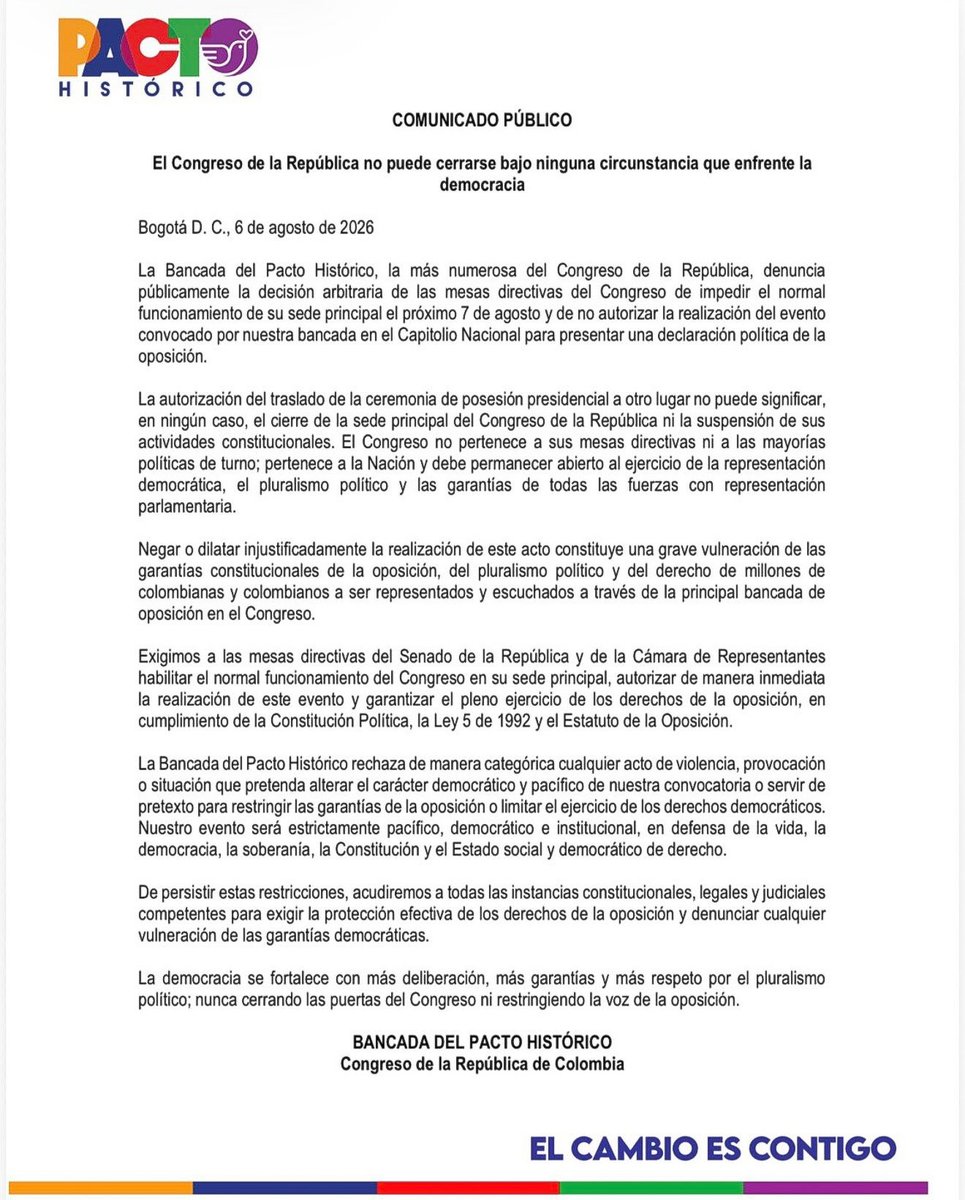 carolinacorcho's tweet photo. 🏛️ Las mesas directivas de Cámara y Senado están negando el acceso al Salón Elíptico, escenario por excelencia del diálogo republicano, civilista y democrático. Han cerrado el acceso al Capitolio Nacional este 7 de agosto, negando la autorización para realizar el evento convocado por nuestra bancada.

⚖️ Negar con dilación injustificada la realización del acto convocado por la bancada del Pacto Histórico vulnera las garantías constitucionales de la oposición y el pluralismo político.

Colombia cambia de Gobierno, no de Constitución.

#ElPuebloEsOposición #PactoHistórico #CarolinaCorcho #NiUnPasoAtrás