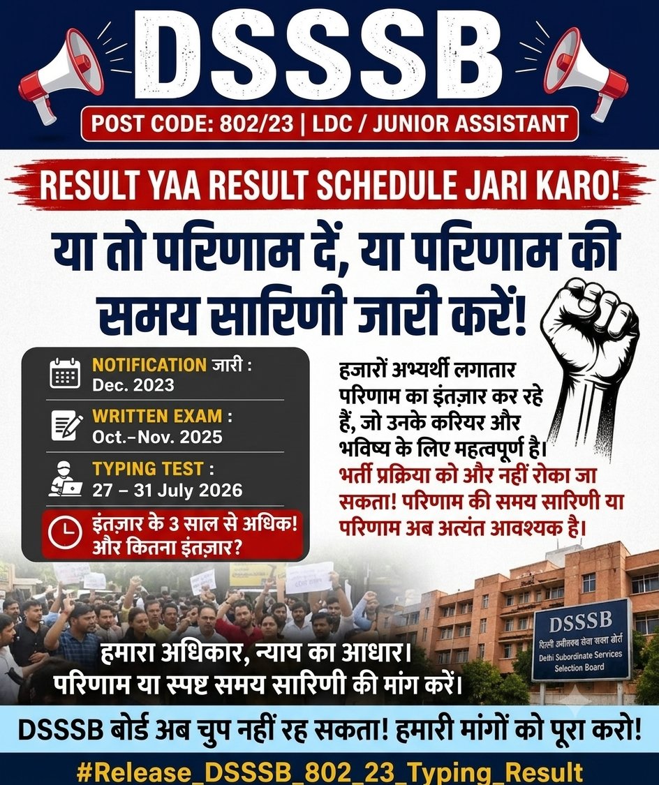 sunil51014609's tweet photo. Notification: Dec 2023
Written Exam: Oct-Nov 2025
Typing Test: July 2026
सब प्रक्रिया पूरी होने के बाद भी रिजल्ट में देरी क्यों?
DSSSB ऑफिस संज्ञान ले और #Release_DSSSB_802_23_Typing_Result जारी करे!
@dsssbofficial @LtGovDelhi @SandhuTaranjitS @CMODelhi @gupta_rekha https://t.co/23DcNxSewA