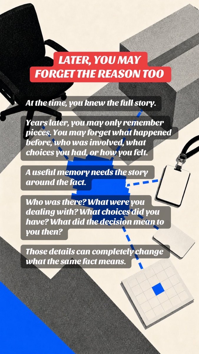 MemovaAI's tweet photo. AI can save what happened and still miss why it mattered. 

When you record an important choice, save the reason and what was happening around it. That context may help AI understand you later.

Would you do this? What might stop you?
Time, privacy, or not knowing what to record?

Our full vision: https://t.co/FDq9ALKZzb

#AI #DigitalMemory #PersonalAI #TechTok #FutureOfAI