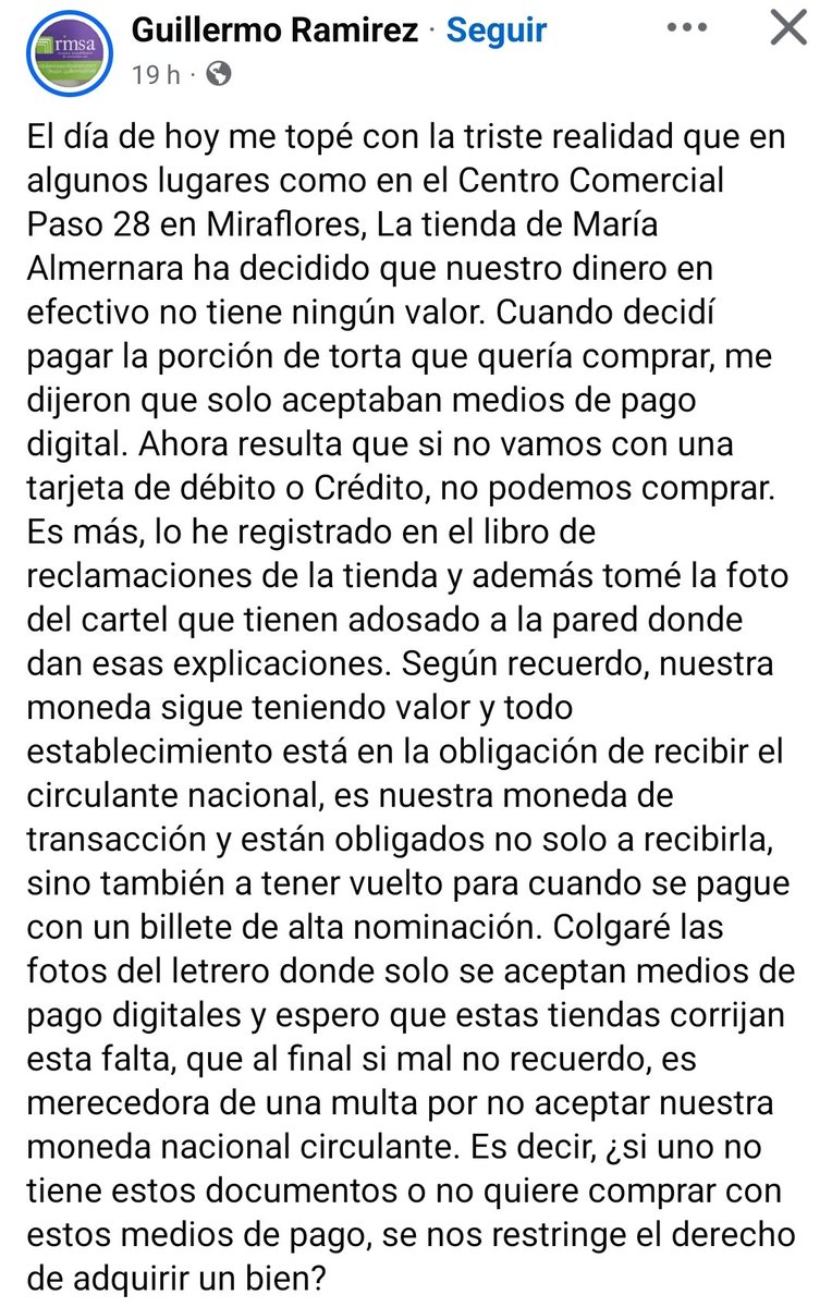 AlejVillalobos's tweet photo. Ahora discriminan el dinero físico? Se puede hacer eso? Según recuerdo todos los establecimientos están obligados a recibir el dinero físico. María Almenara de Paso 28 ahora únicamente recibe dinero digital. https://t.co/V400Ezku2D
