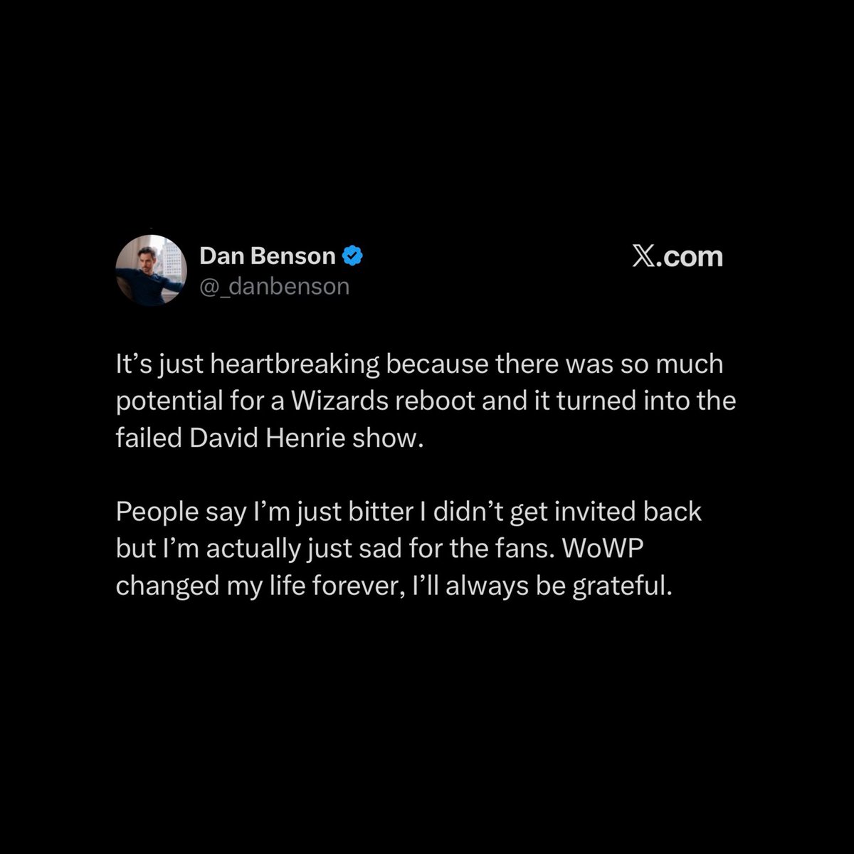 SGchartupdate's tweet photo. Dan Benson (Zeke) comments about “Wizards Beyond Waverly Place”:

— “There was so much potential for a Wizards reboot and it turned into the failed David Henrie show” https://t.co/ZTw4afdpyO